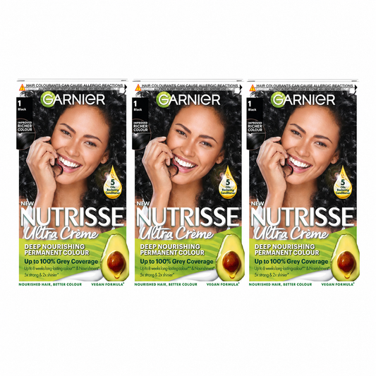 Garnier Nutrisse Ultra Crème Permanent Hair Dye 1 Natural Black x3 Packs - Grey Coverage