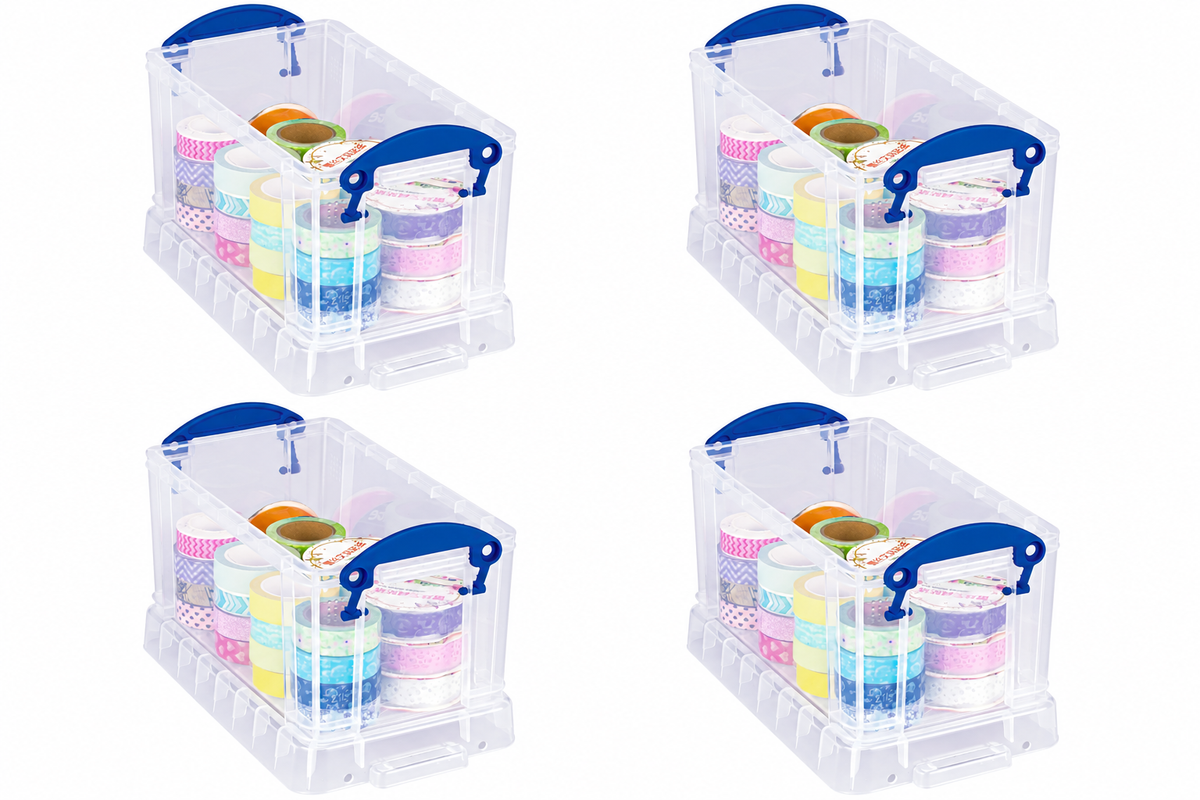 Really Useful Box 2.1 Litre Pack of 4, Clear Plastic Storage Container with Clip Handles & Lid