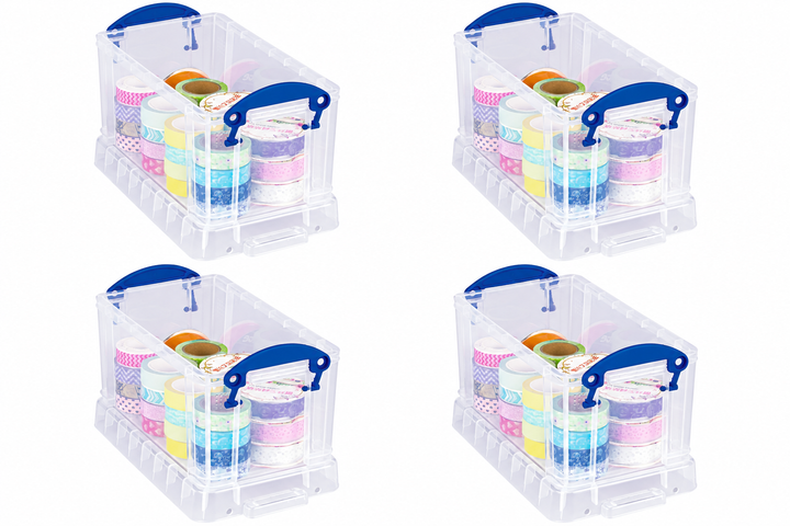 Really Useful Box 2.1 Litre Pack of 4, Clear Plastic Storage Container with Clip Handles & Lid