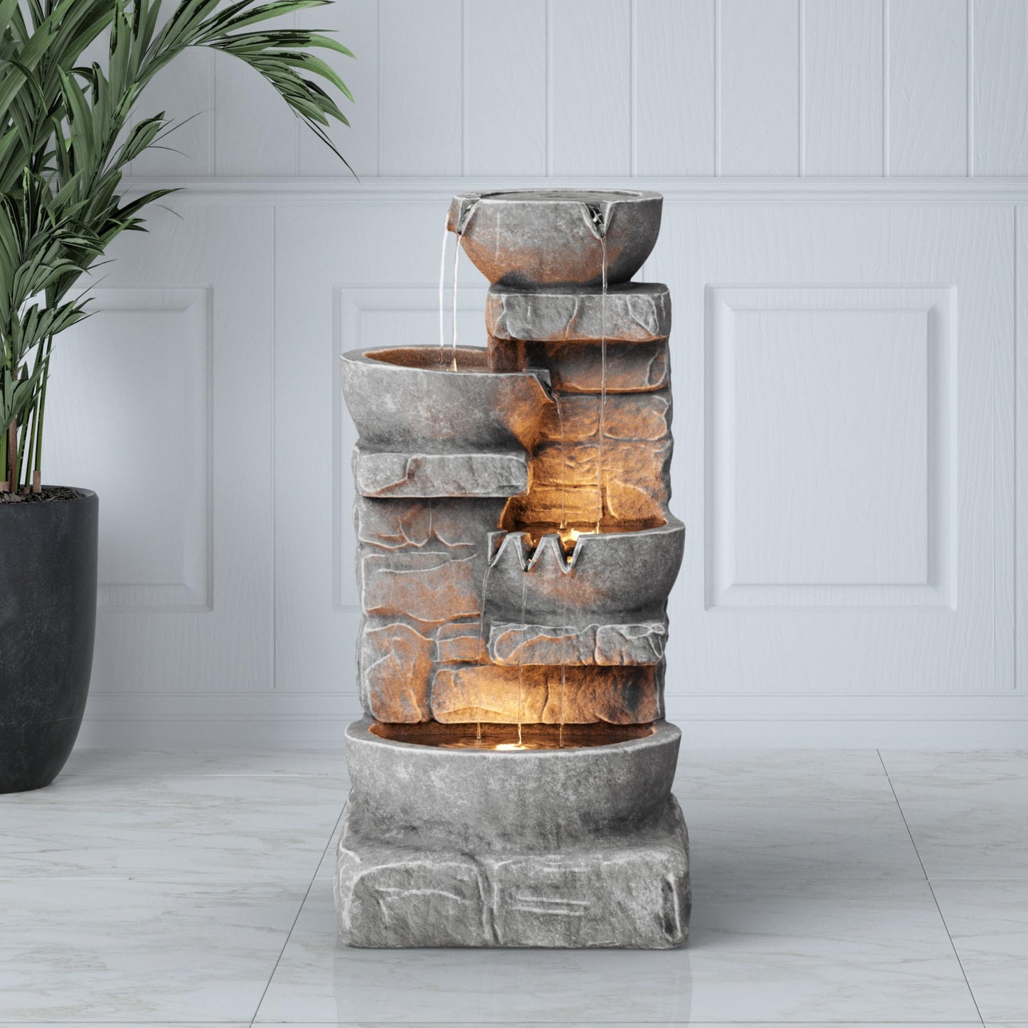Cascading Bowls & Stacked Stone Outdoor Water Fountain with LED Light in Grey