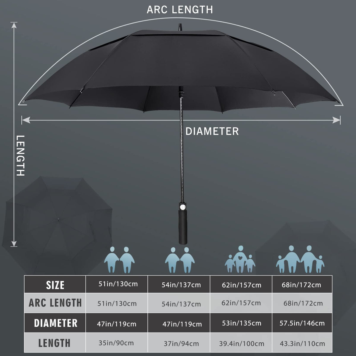 Sports Golf Umbrella Large 68 Inch Heavy-Duty, Windproof & Rainproof in Black 