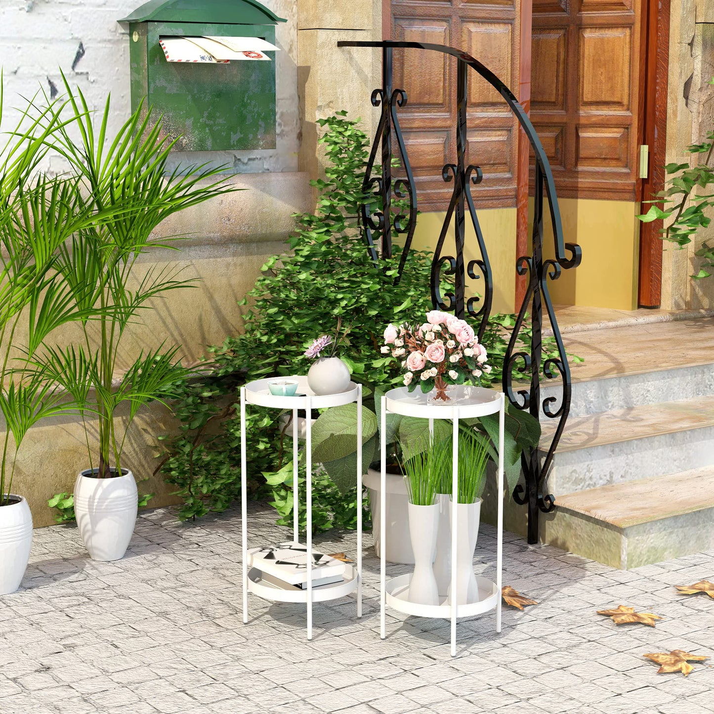 White Plant Display Stand for Indoor Outdoor - Metal Flower Pot Holder