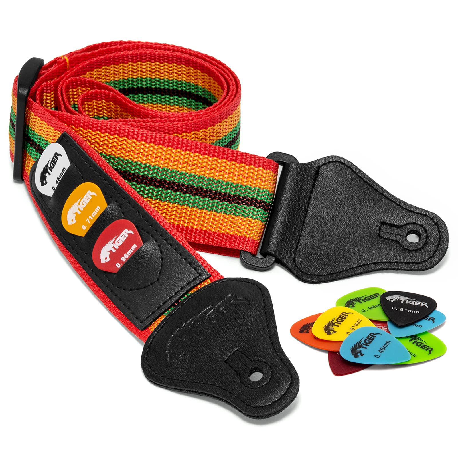 Tiger STPK2-RB Nylon Guitar Strap Reggae Design with 3 Pick Holders