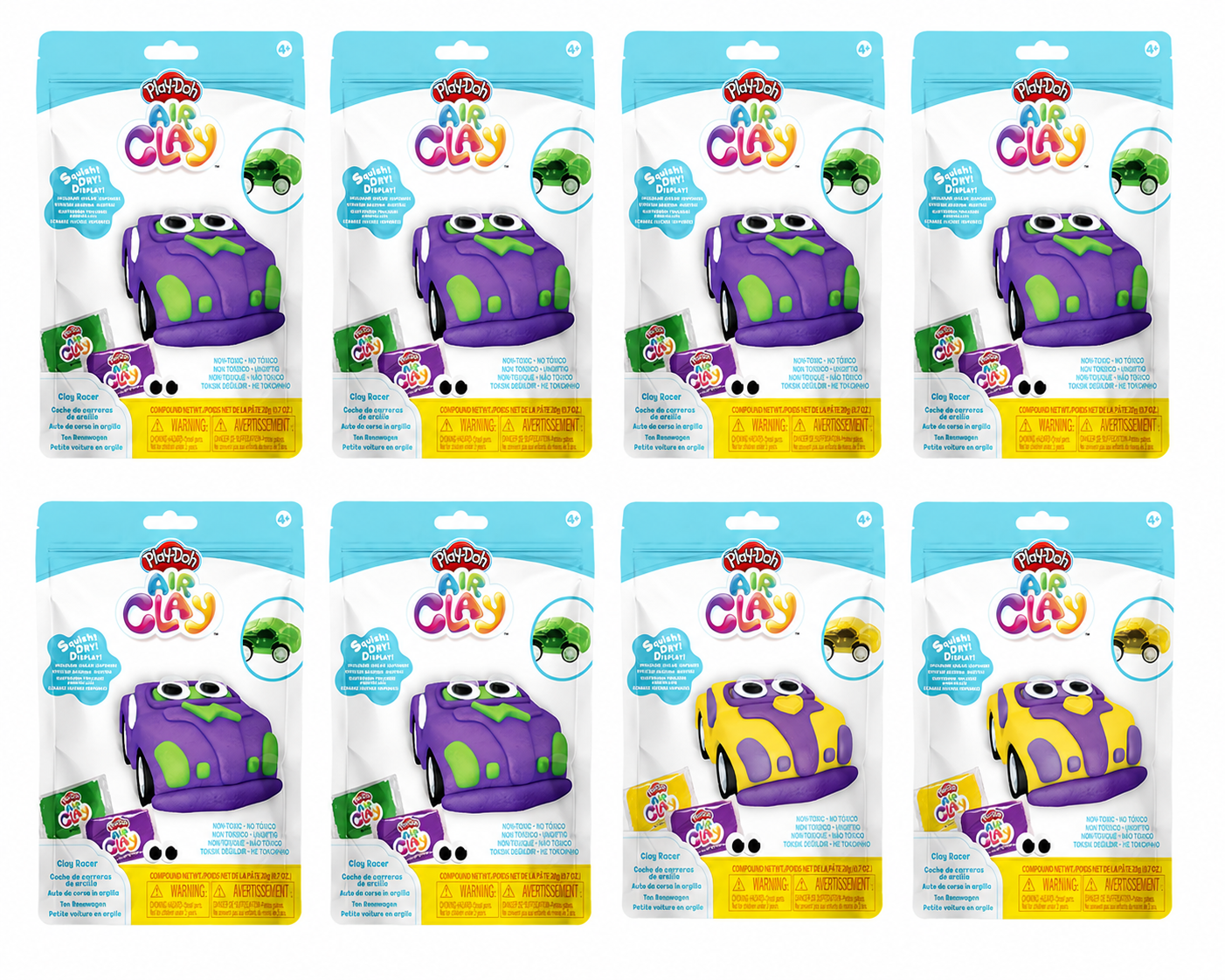 Play-Doh Car Bundle x8 Packs Air Clay Racing Cars Purple/Green/Yellow
