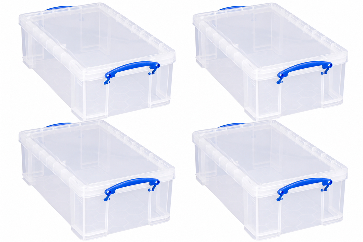 Really Useful Box 12 Litre Pack of 4, Clear Plastic Storage Container with Clip Handles & Lid