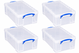 Really Useful Box 12 Litre Pack of 4, Clear Plastic Storage Container with Clip Handles & Lid