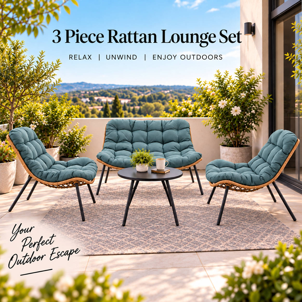 3 Piece Rattan Garden Furniture Set 3 Cushioned Sofa Chairs & Table For Patio Outdoor