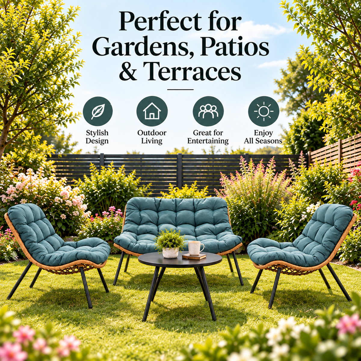 3 Piece Rattan Garden Furniture Set 3 Cushioned Sofa Chairs & Table For Patio Outdoor