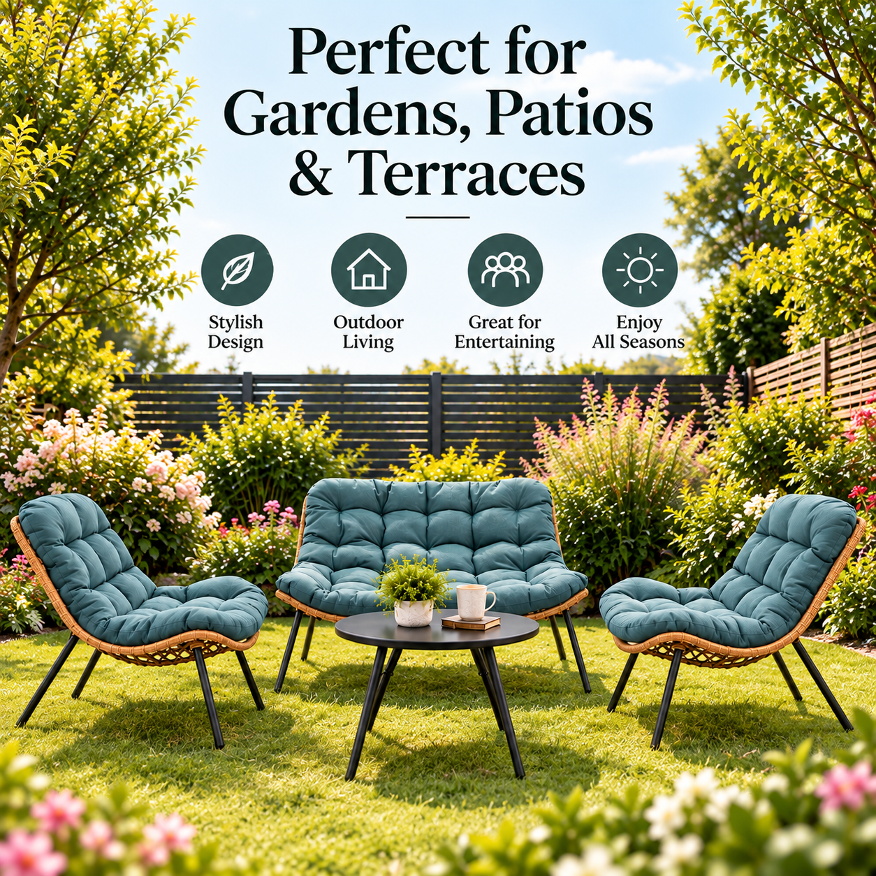 3 Piece Rattan Garden Furniture Set 3 Cushioned Sofa Chairs & Table For Patio Outdoor
