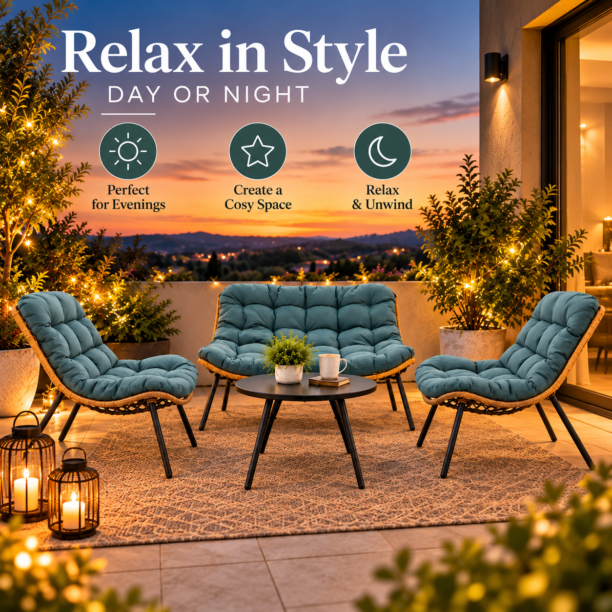 3 Piece Rattan Garden Furniture Set 3 Cushioned Sofa Chairs & Table For Patio Outdoor