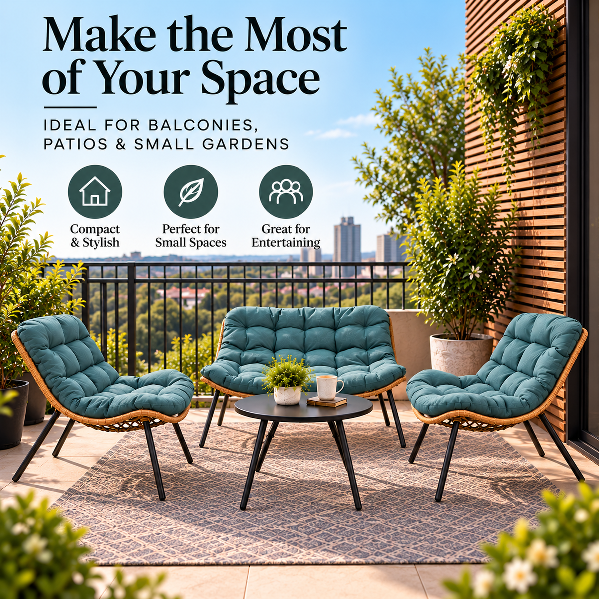 3 Piece Rattan Garden Furniture Set 3 Cushioned Sofa Chairs & Table For Patio Outdoor