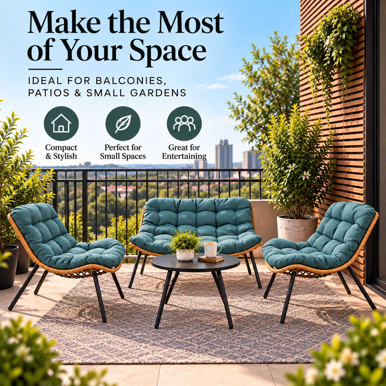 3 Piece Rattan Garden Furniture Set 3 Cushioned Sofa Chairs & Table For Patio Outdoor