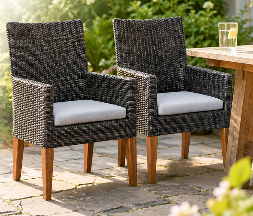 Modern Outdoor Florida Rattan Dining Chair Set of 2 in Dark Grey with Wooden Legs