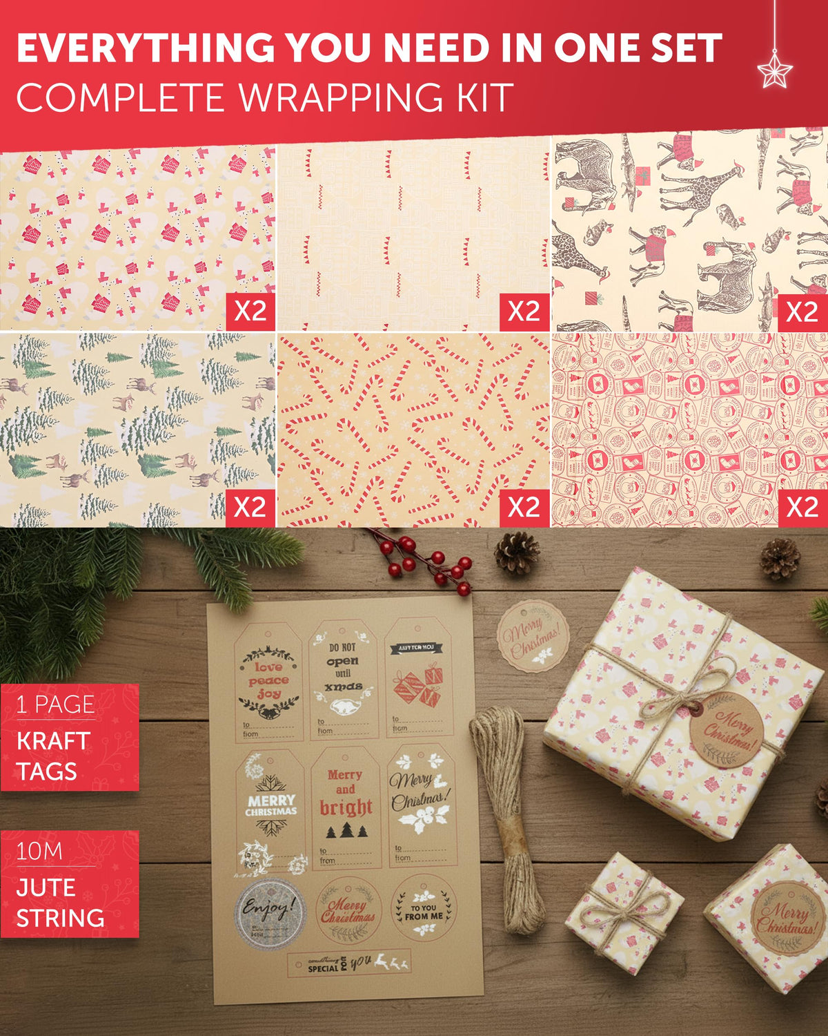 Kraft & Co Christmas Wrapping Paper 12 Sheets with Tags & Twine