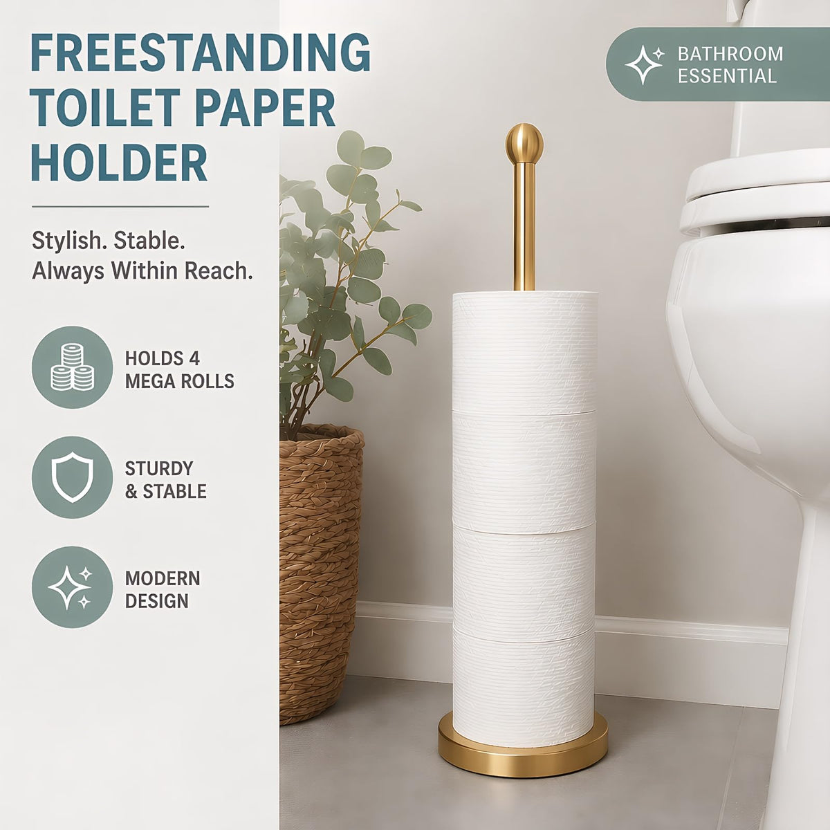 Gold Toilet Paper Holder Stand with Reserve for 4 Rolls