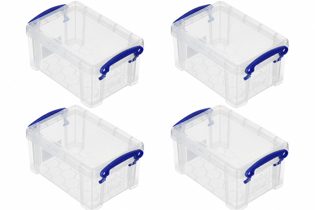 Really Useful Box 0.7 Litre Clear Plastic Storage Container 4x Pack with Clip Handles