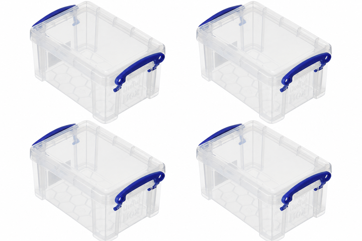 Really Useful Box 0.7 Litre Clear Plastic Storage Container 4x Pack with Clip Handles