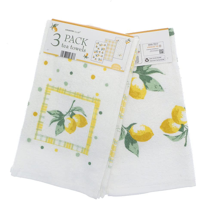 COUNTRY CLUB 100% Cotton Tea Towels Pack of 3 Lemon Design