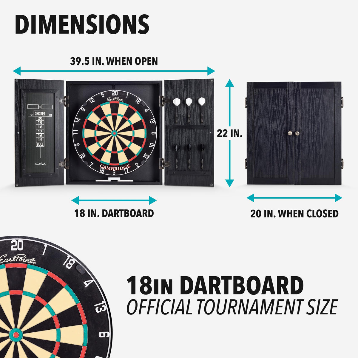 EastPoint Sports Cambridge Bristle Dartboard & Cabinet Set in Black - Complete Competition Dart Set