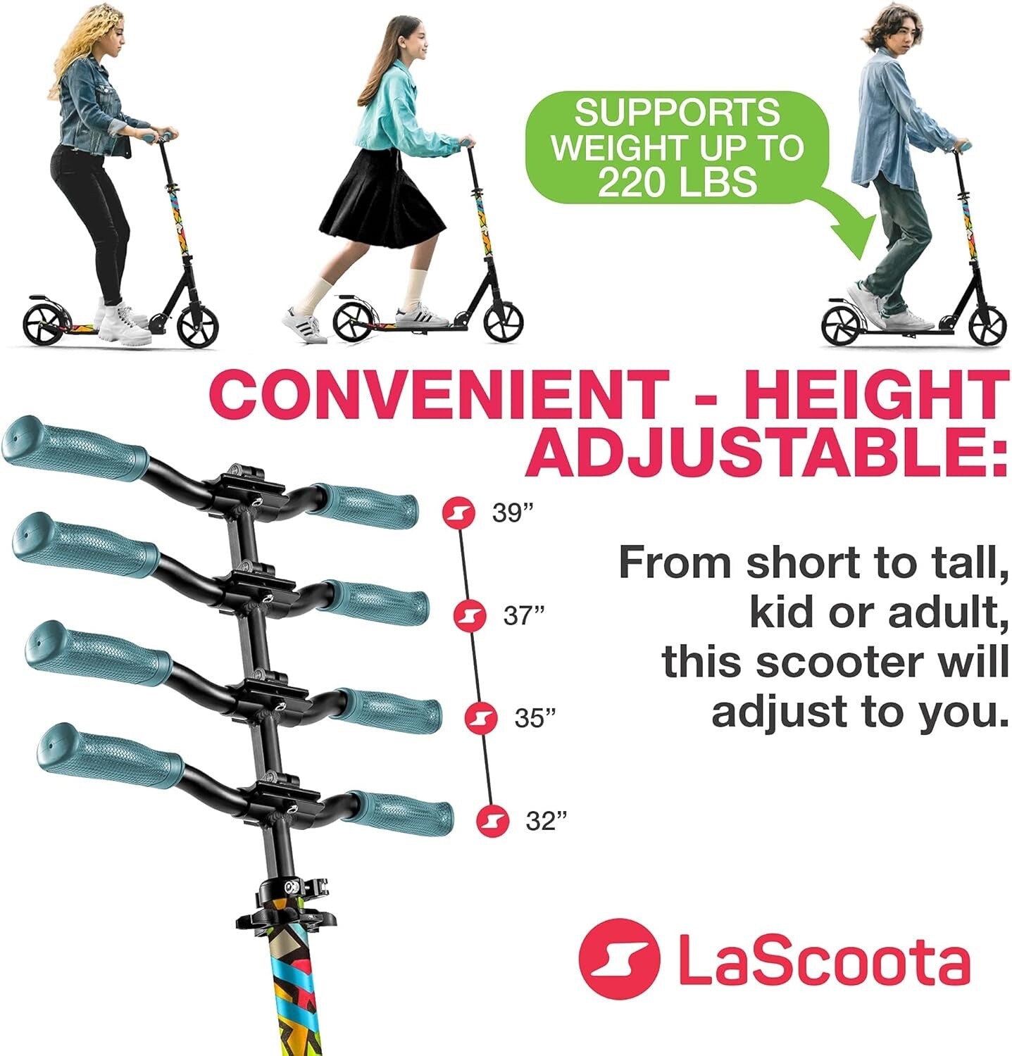 LaScoota Kick Scooter Foldable & Adjustable for Kids/Teens/Adults - Retro (Imperfect Box)