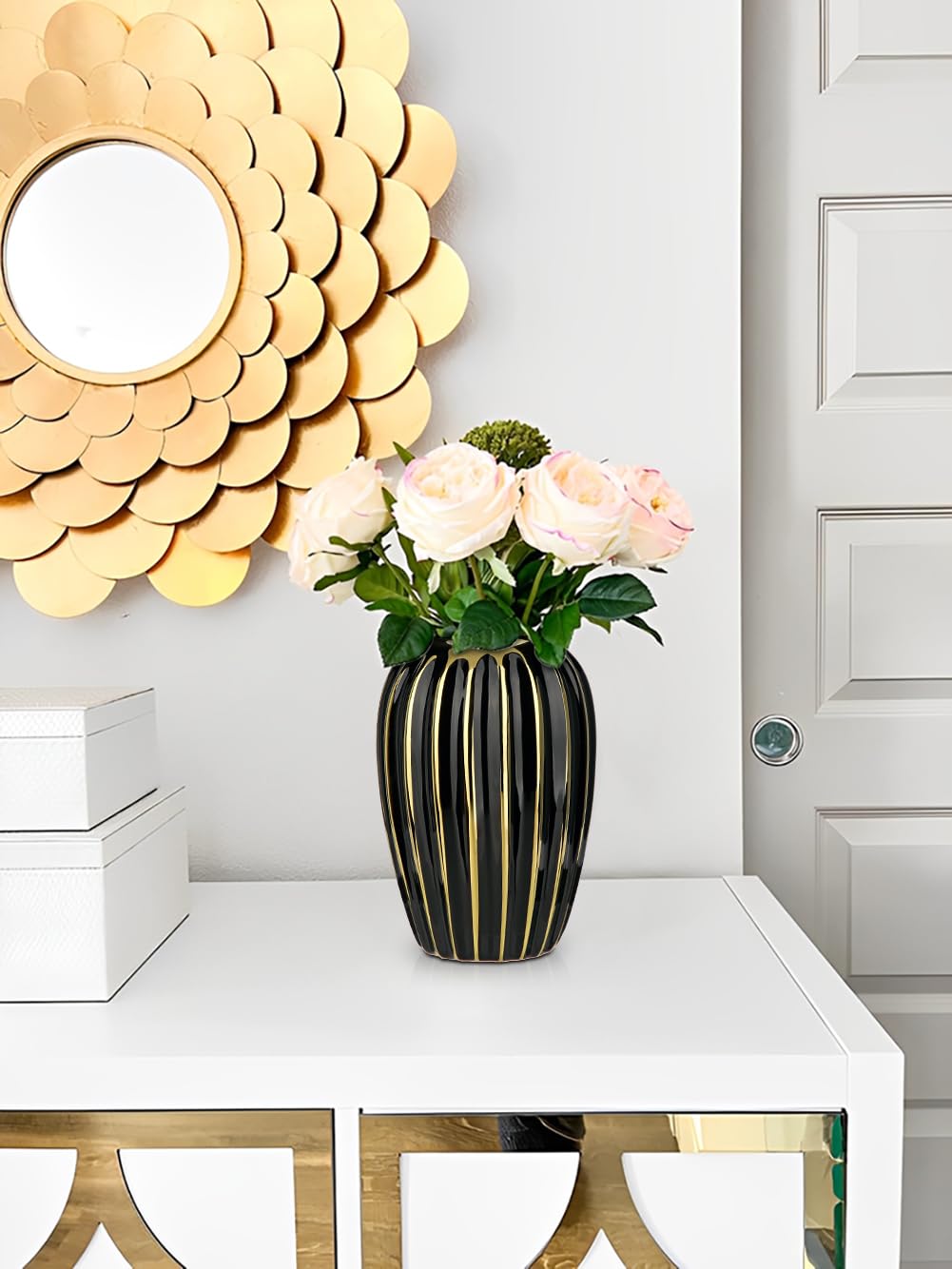 Black & Gold Ceramic Vase 9.8" Modern Ribbed Decorative Flower Vase
