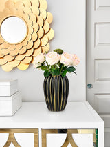 Black & Gold Ceramic Vase 9.8" Modern Ribbed Decorative Flower Vase