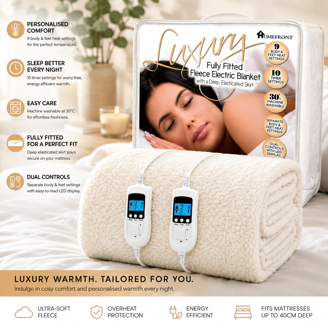 Homefront King Size Electric Blanket Dual Control Fitted Heated Mattress
