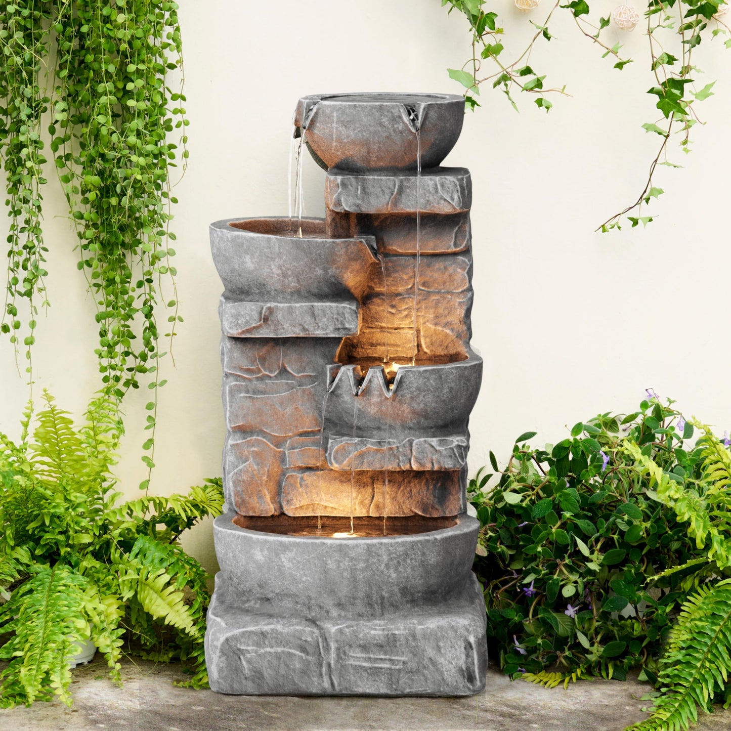 Cascading Bowls & Stacked Stone Outdoor Water Fountain with LED Light in Grey