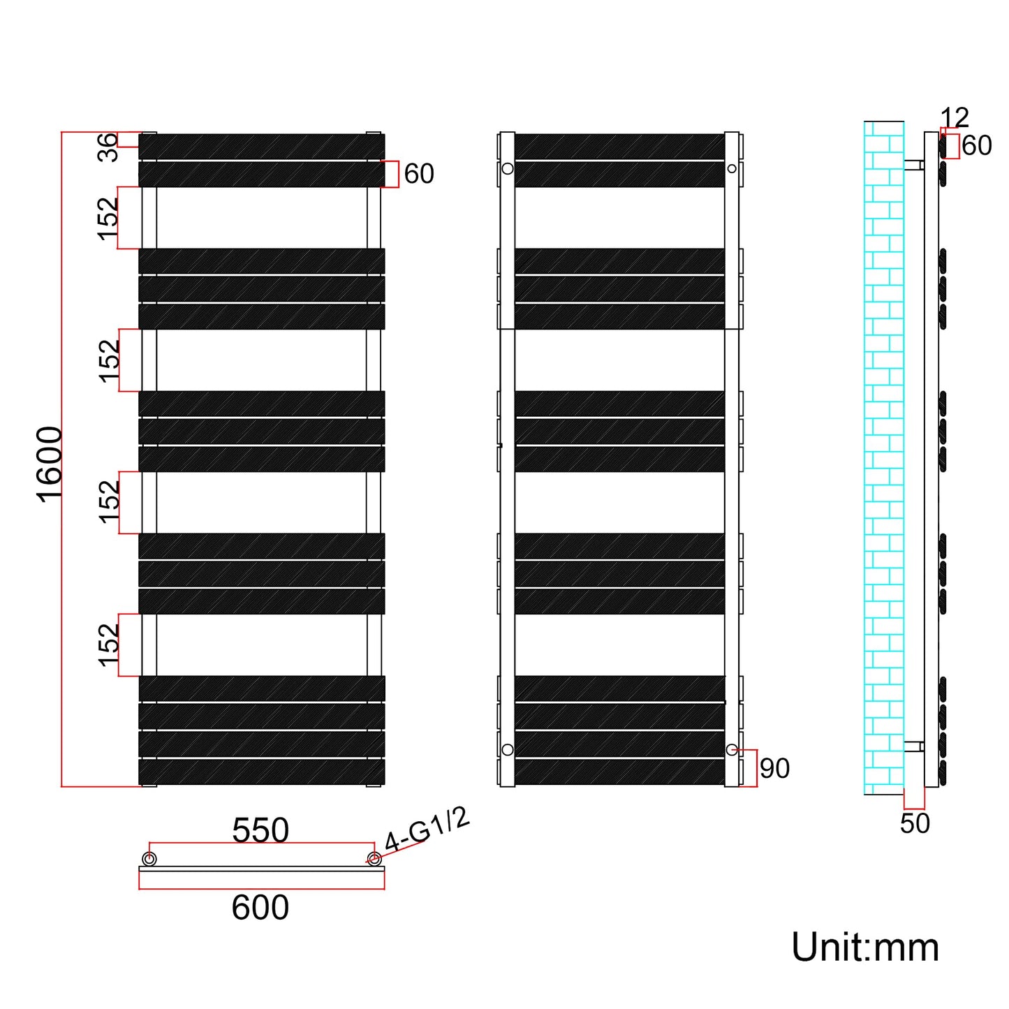 Flat Panel Heated Towel Rail White 1600 x 600mm Radiator, Wall Mounted Ladder