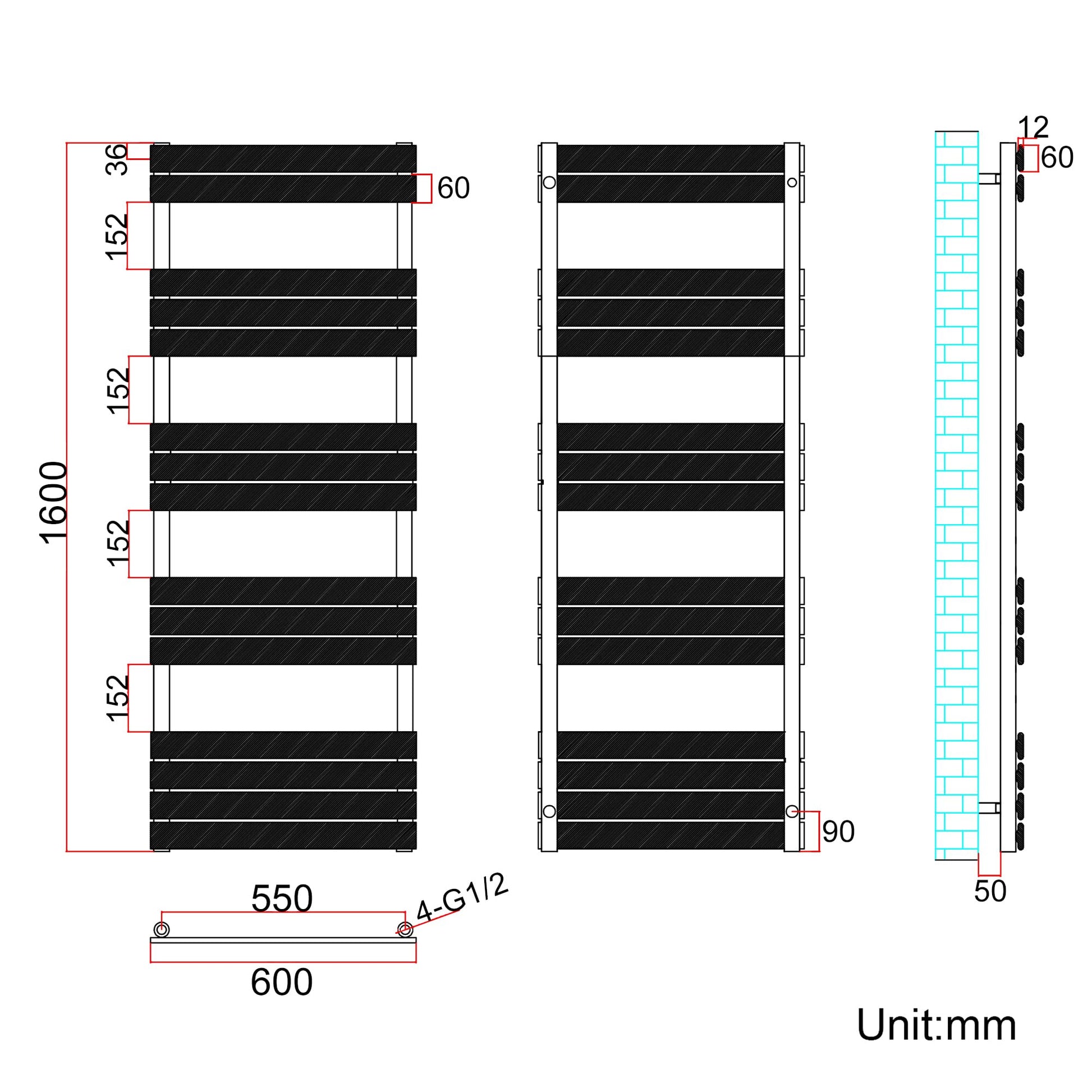 Flat Panel Heated Towel Rail White 1600 x 600mm Radiator, Wall Mounted Ladder