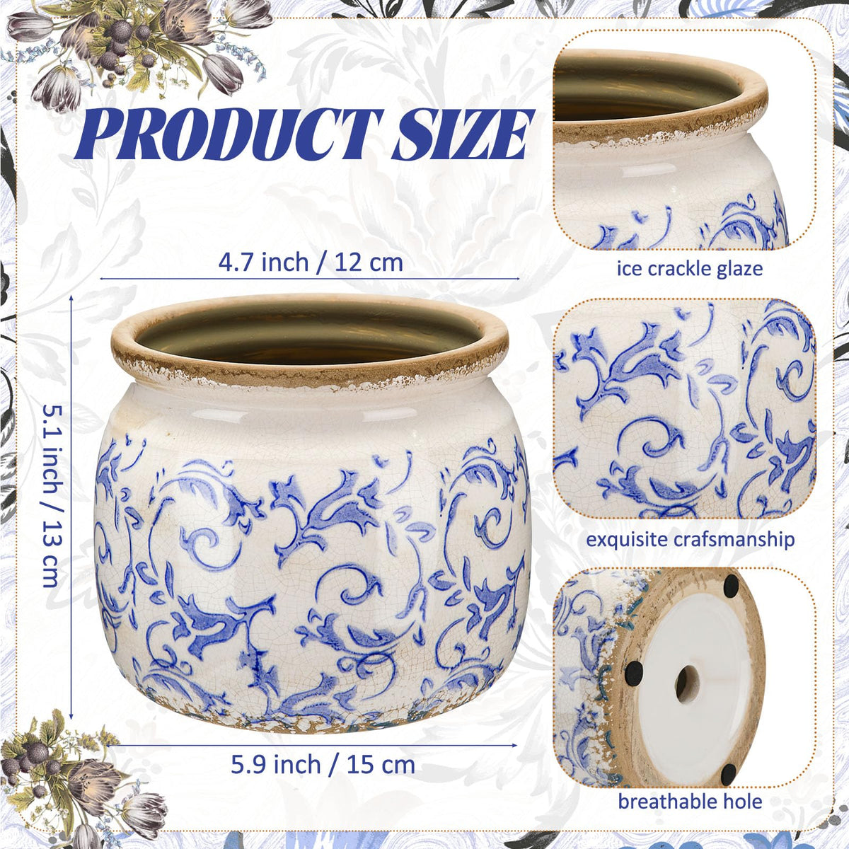 Ninehaoou Vintage Ceramic Planter Large Blue Chinoiserie Flower Pot