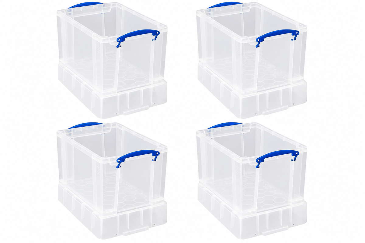 Really Useful Box 19 Litre Clear Plastic Storage Container 4x Pack with Clip Handles & XL Lid