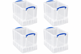 Really Useful Box 19 Litre Clear Plastic Storage Container 4x Pack with Clip Handles & XL Lid