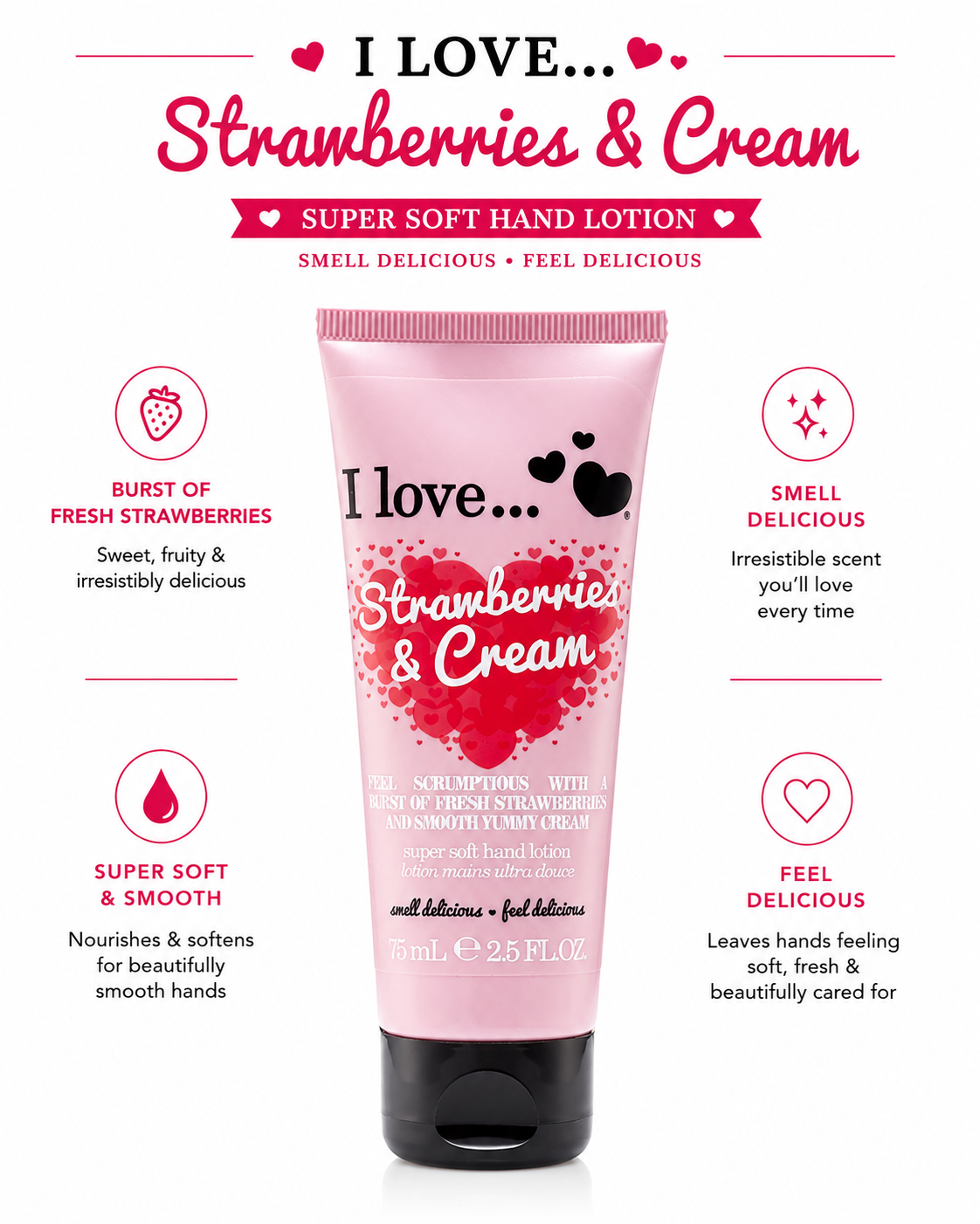 I LOVE Strawberries & Cream Super Soft Hand Cream Lotion 75ml