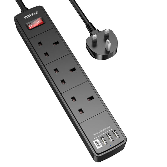 Extension Lead 2M with 4 USB Ports - Black Power Strip Extension Surge Protector