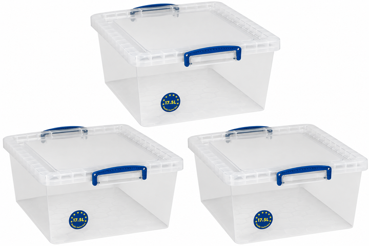 Really Useful Box 17.5 Litre Clear Plastic Nestable Storage Container 3x Pack with Clip Handles