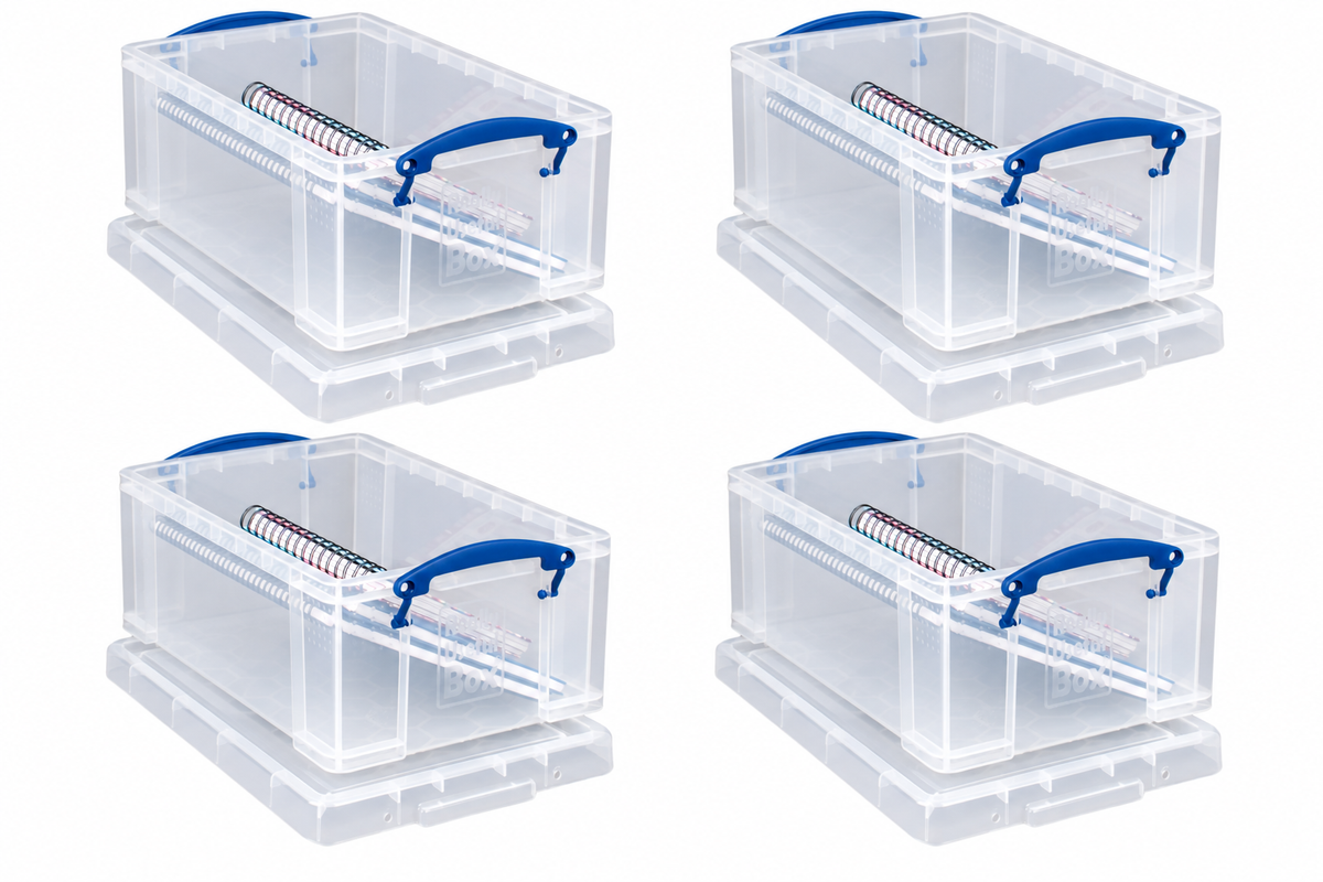 Really Useful Box 9 Litre 4x Pack Clear Plastic Storage Container with Clip Handles & Lid