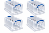 Really Useful Box 9 Litre 4x Pack Clear Plastic Storage Container with Clip Handles & Lid