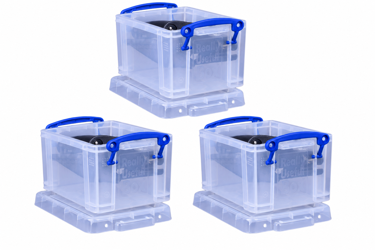 Really Useful Box 1.6 Litre Clear Plastic Storage Container 3x Pack with Clip Handles