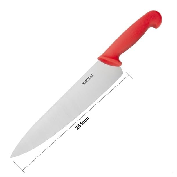 Hygiplas 25cm Stainless Steel Chef Knife - Strong Professional Blade & Colour Coded Red Handle