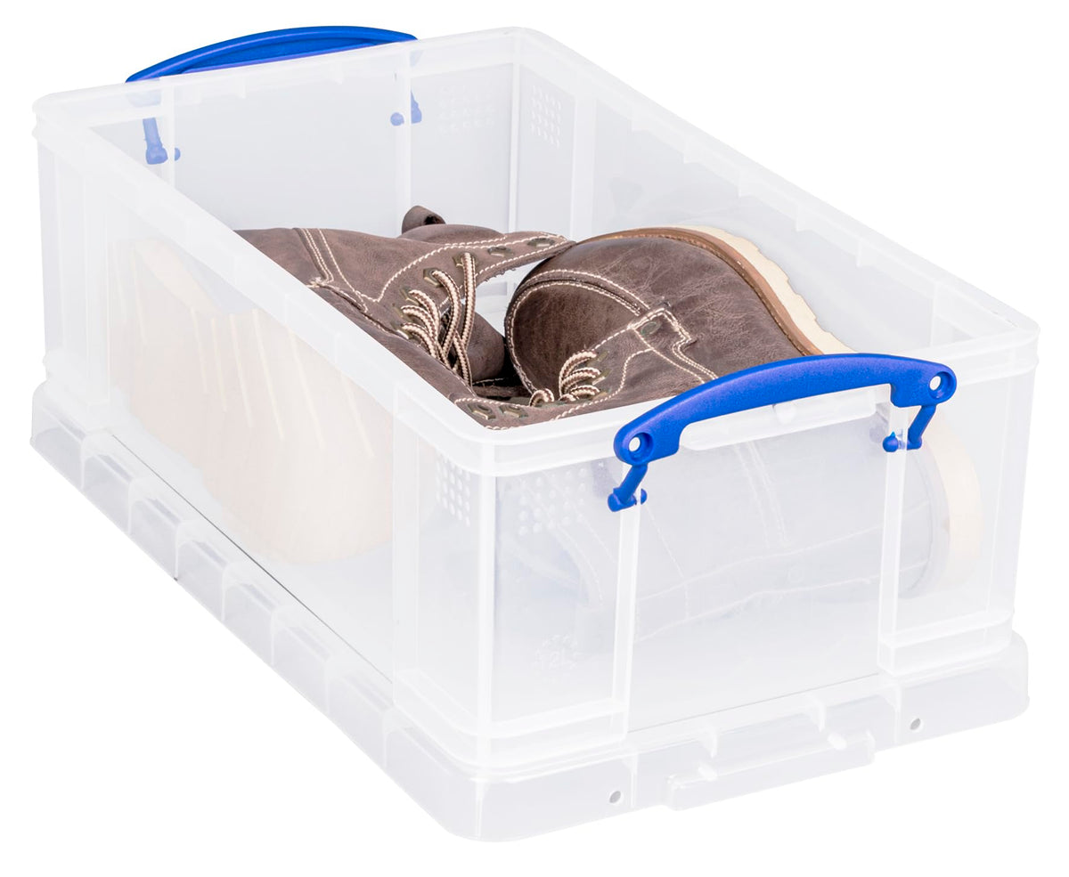 Really Useful Box 12 Litre Pack of 4, Clear Plastic Storage Container with Clip Handles & Lid