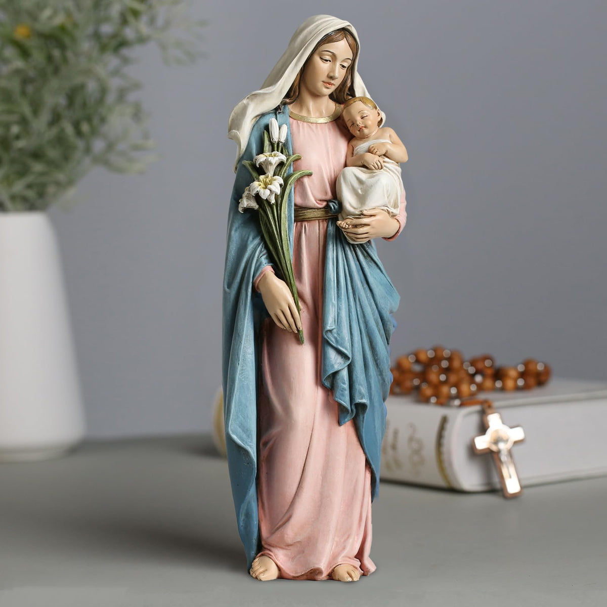 Grace4Joy Madonna and Child Statue 13.5 Inch Hand Painted Virgin Mary