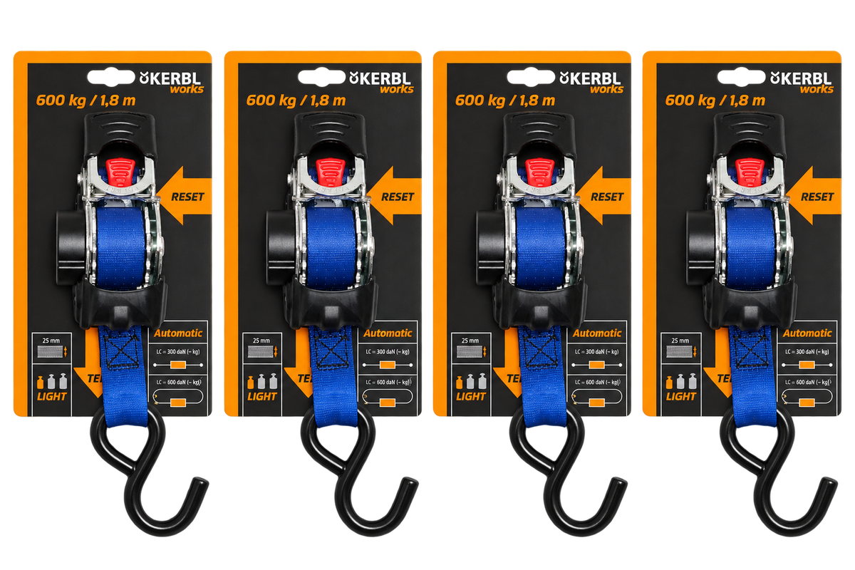 Kerbl Automatic Lashing Strap with Winding Function 1.8m, 25mm up-to 600kg x 4 Pack