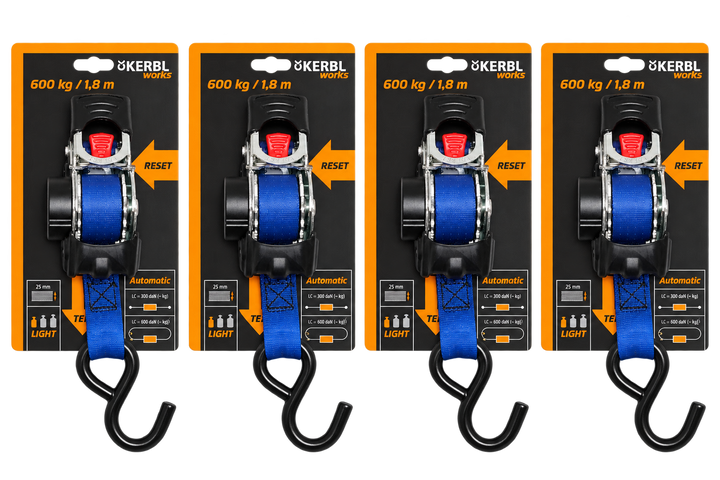 Kerbl Automatic Lashing Strap with Winding Function 1.8m, 25mm up-to 600kg x 4 Pack