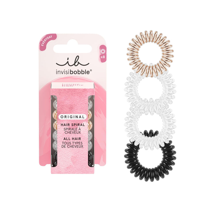 INVISIBOBBLE Original Hair Spiral Scrunchies 8 Pack Clear, Black & Metallic