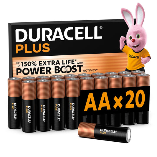 Duracell Plus AA Alkaline Batteries, Pack of 20 - Extra Life Power Boost