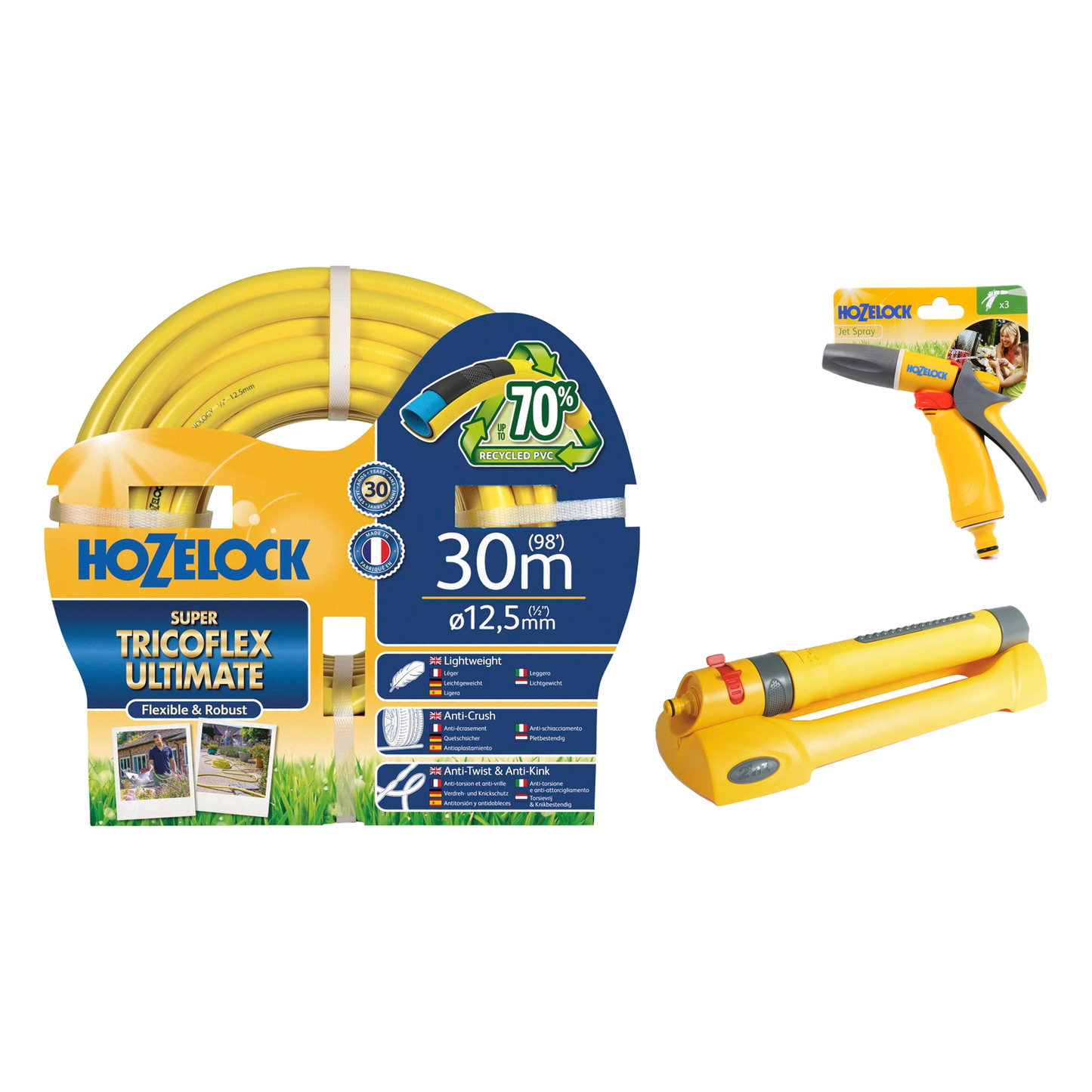 Hozelock Ultimate 30m Hose Pipe, Hozelock Oscillating Sprinkler Pro 200m & Jet Spray Gun 2674 Bundle Set