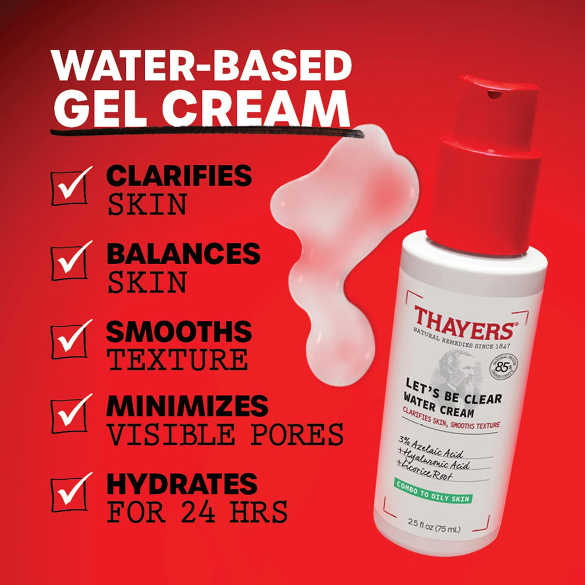 Thayers Let's Be Clear Water Cream Moisturiser 75ml Azelaic & Hyaluronic - Fragrance-Free & All Skin Types