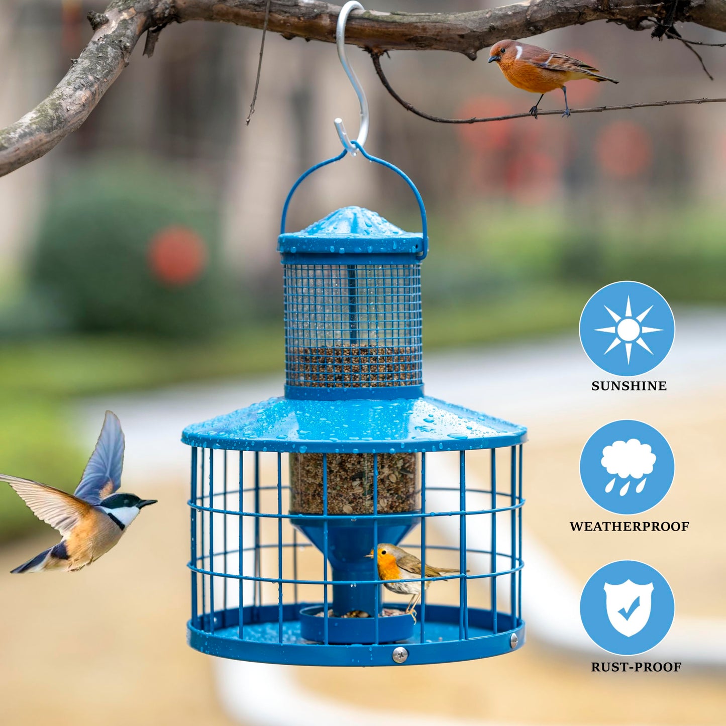Squirrel-Proof Metal Bird Seed Feeder 1.3kg Capacity Blue Outdoor Hanging Wild-bird Tray