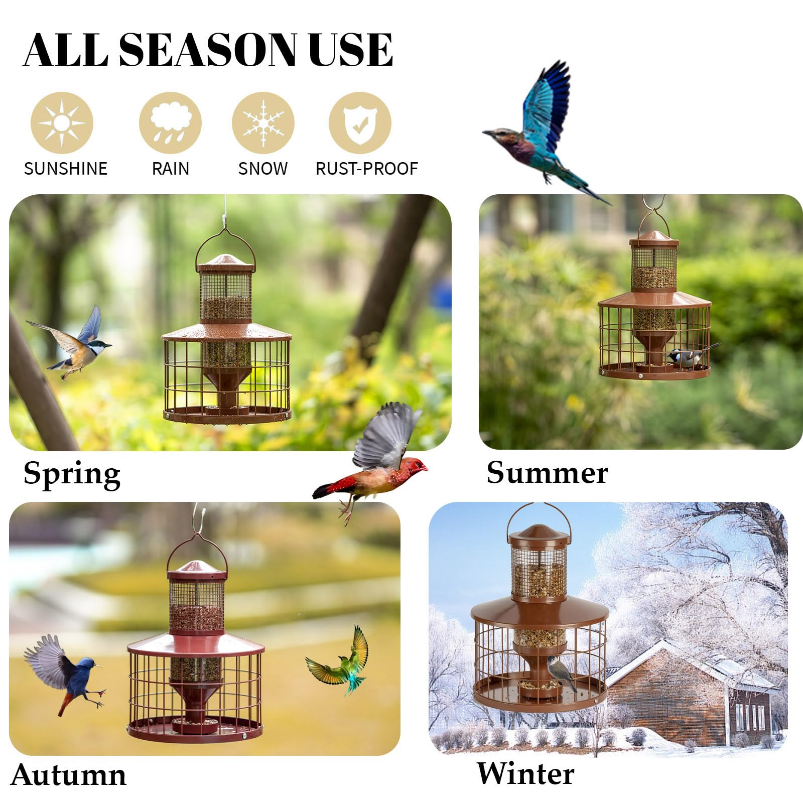 Squirrel-Proof Metal Bird Seed Feeder 1.3kg Capacity Brown Outdoor Hanging Wild-bird Tray